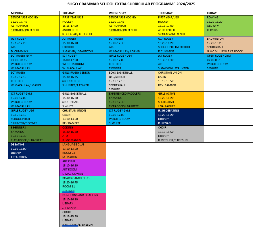 Sligo Grammar School Extra Curricular Programme 2024 2025